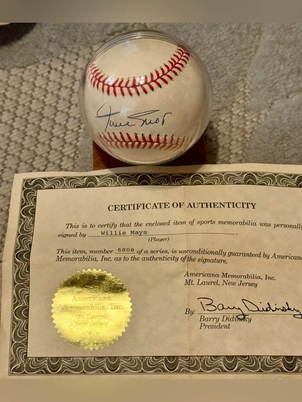 Willie Mays Autographed Baseball - Vintage Americana Memorabilia COA #6808 - Picture 6 of 13